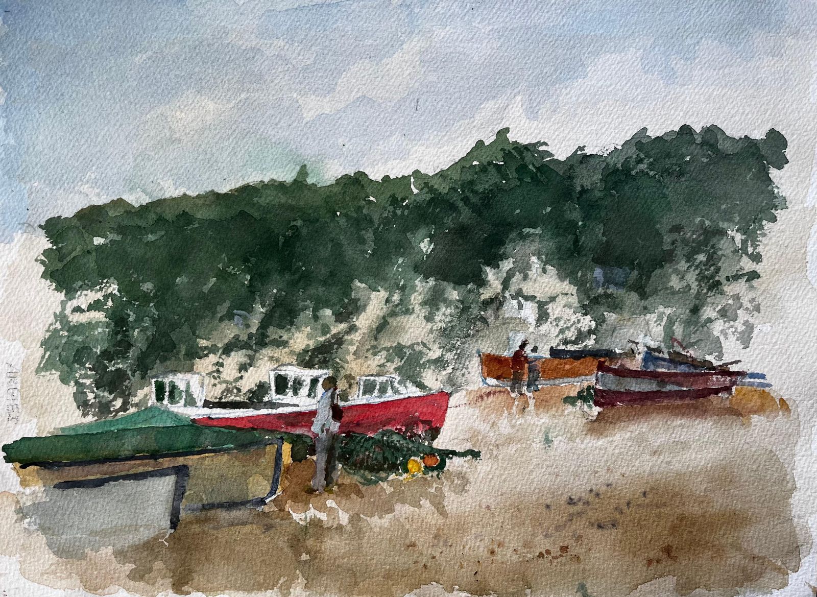 Anthony Herbertwatercolour Of Beer East Devon Fishing Beach With Boats, Cliffs And Figures
