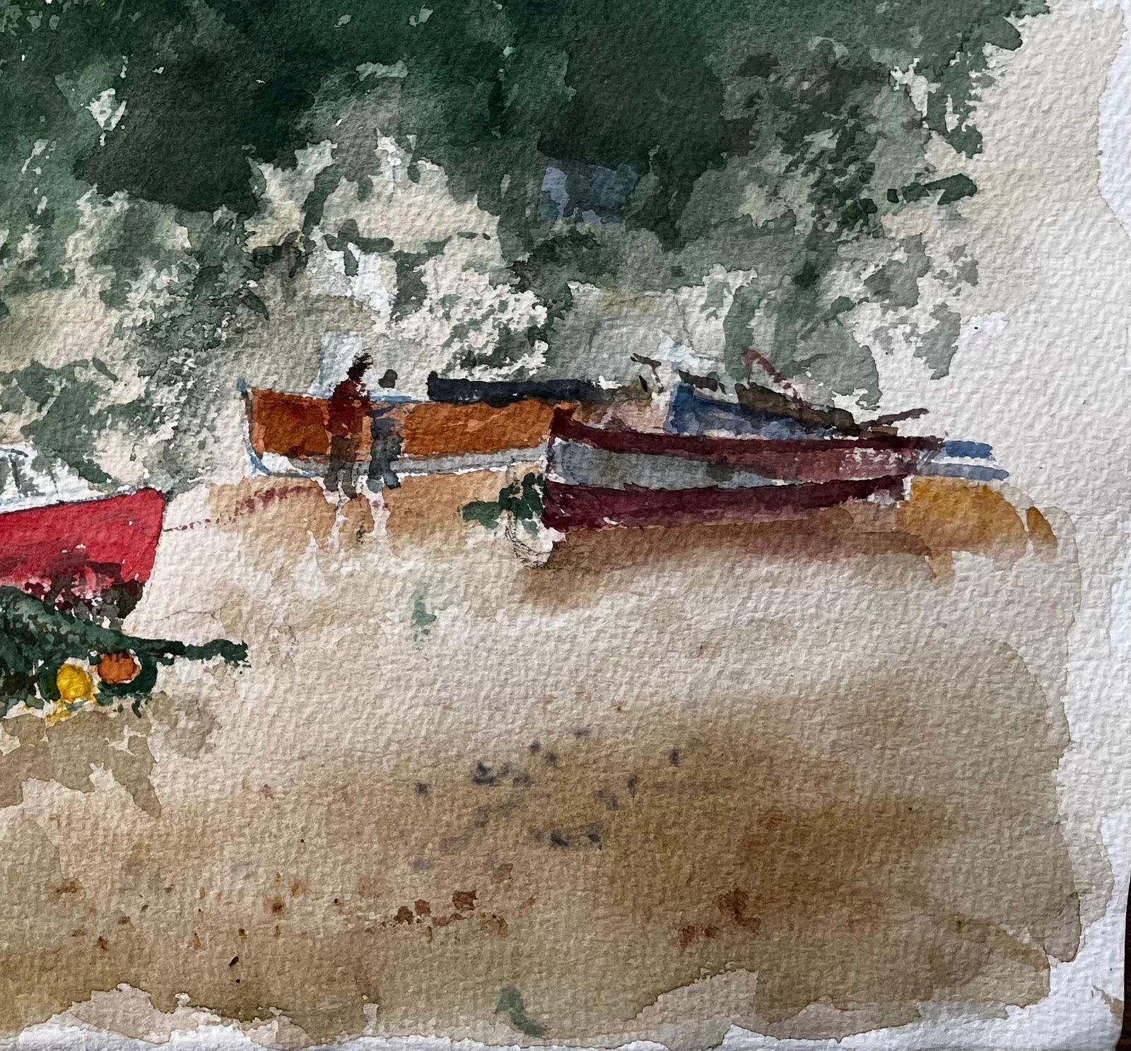 Anthony Herbertwatercolour Of Beer East Devon Fishing Beach With Boats, Cliffs And Figures photo 560.0