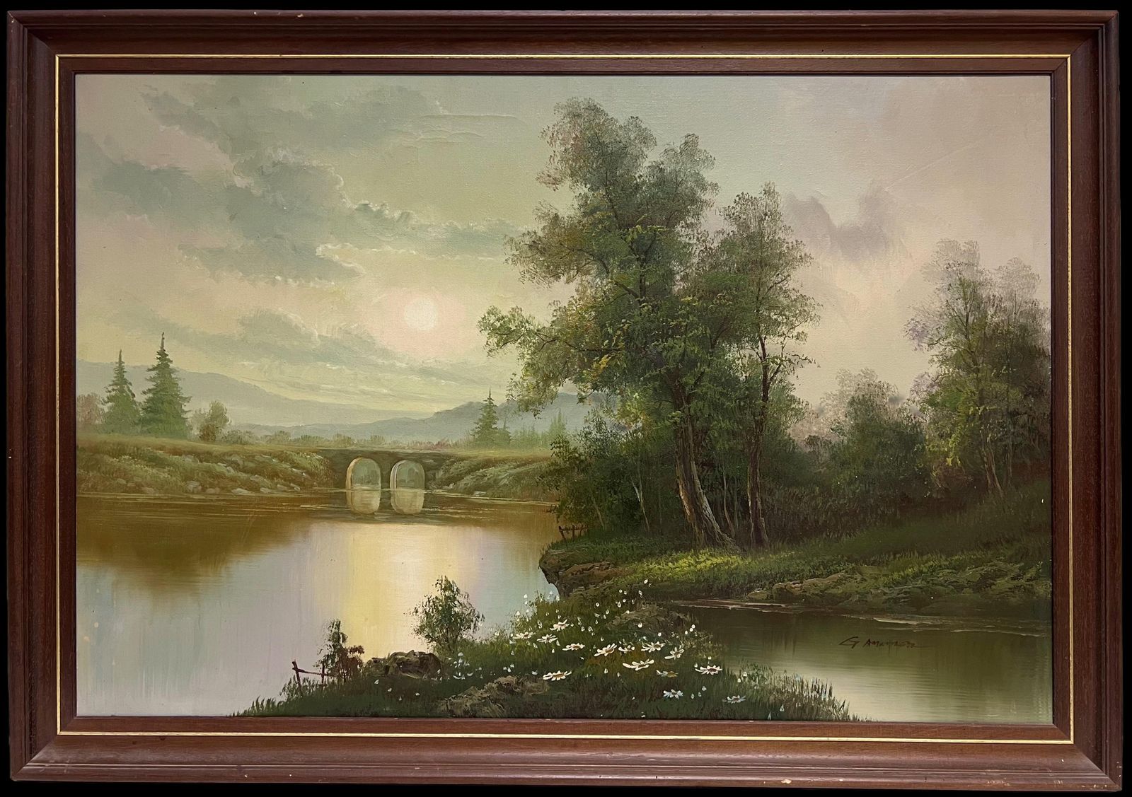 British Schoollarge 20th Century British Signed Oil Atmospheric Misty Lake Landscape & Bridge