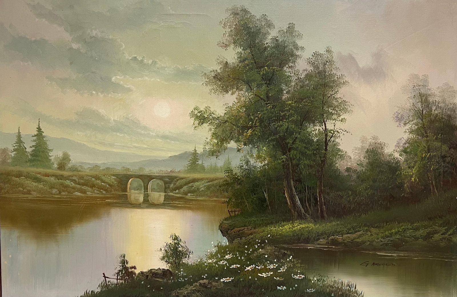 British Schoollarge 20th Century British Signed Oil Atmospheric Misty Lake Landscape & Bridge photo furniture