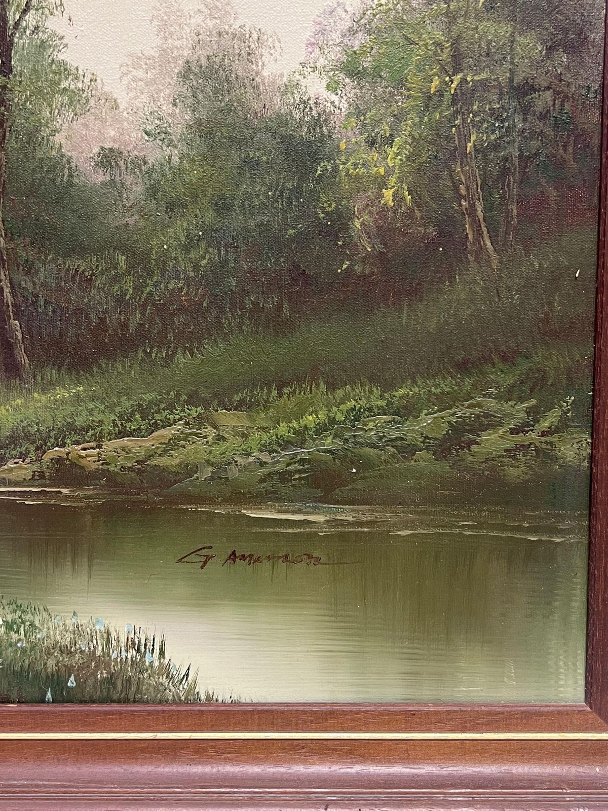 British Schoollarge 20th Century British Signed Oil Atmospheric Misty Lake Landscape & Bridge photo for sale