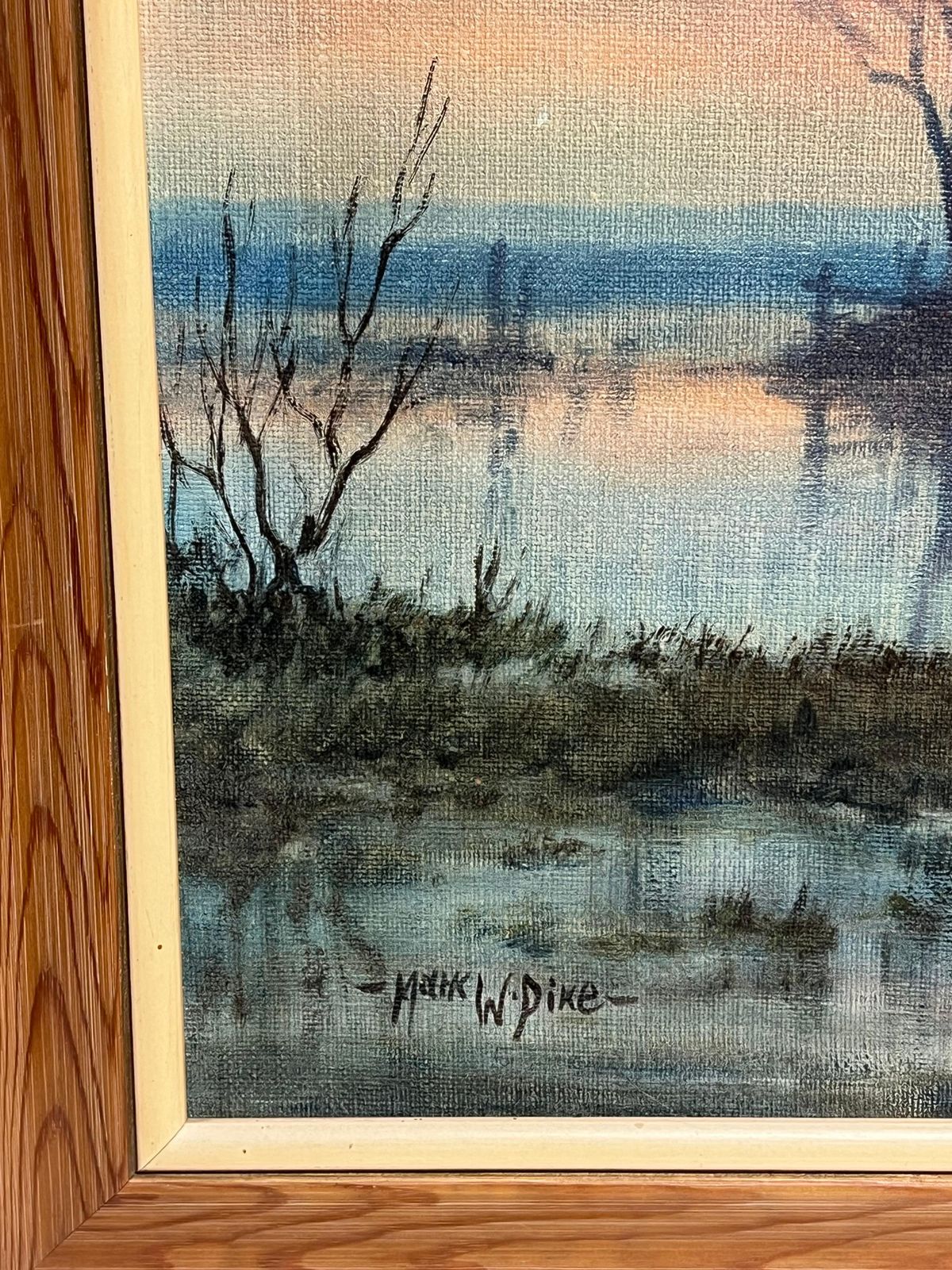 Mark W. Pikelarge 1970's British Signed Oil Painting Atmospheric Flooded Fields Sunset photo 1254.0