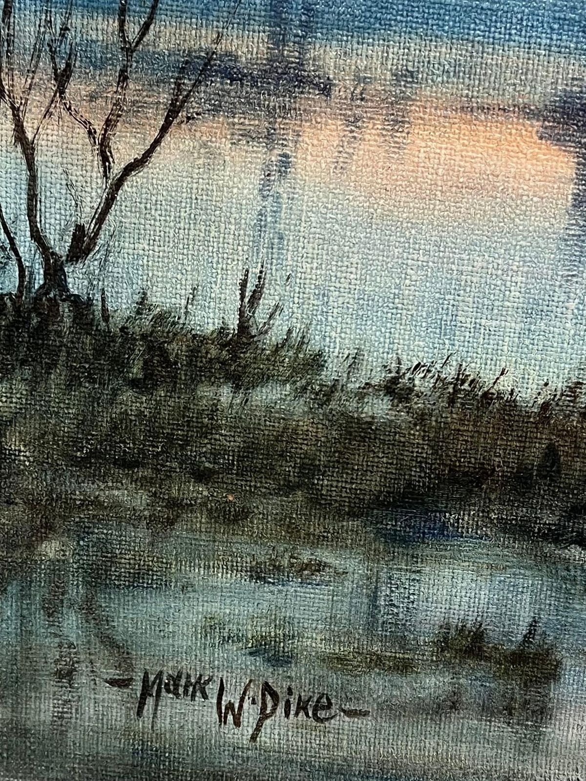 photo for sale Mark W. Pikelarge 1970's British Signed Oil Painting Atmospheric Flooded Fields Sunset