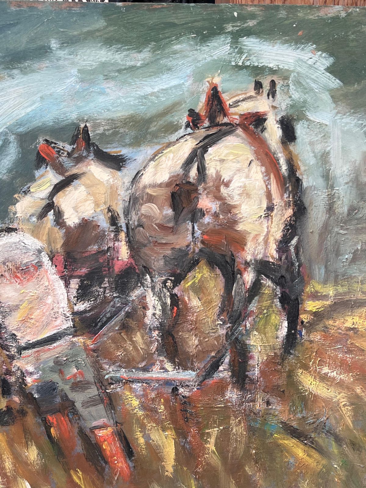 Fanch Lelfigure Ploughing The Orange Harvest Field Led By Horses French Oil Painting photo for sale