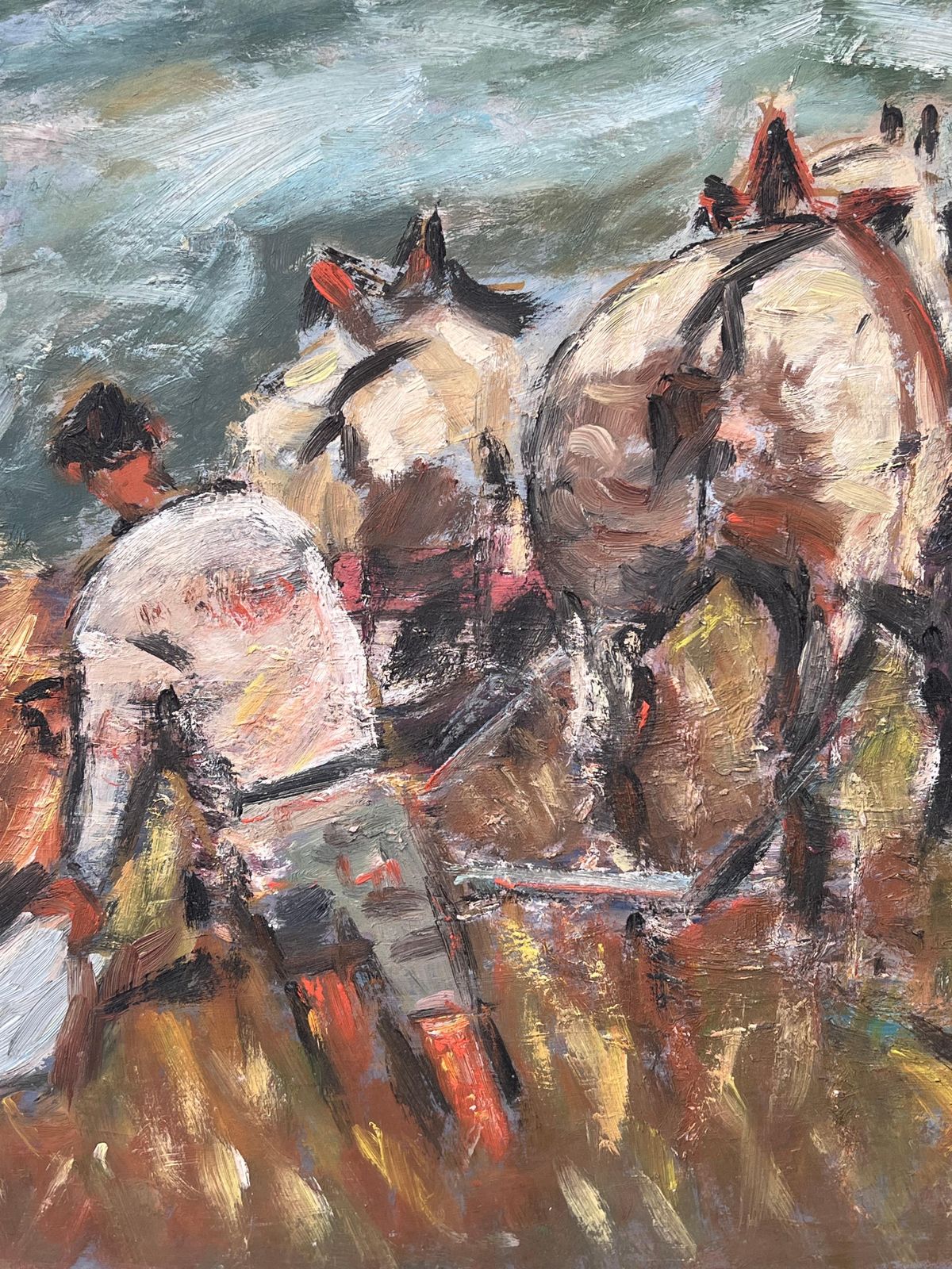 Fanch Lelfigure Ploughing The Orange Harvest Field Led By Horses French Oil Painting photo 535.0
