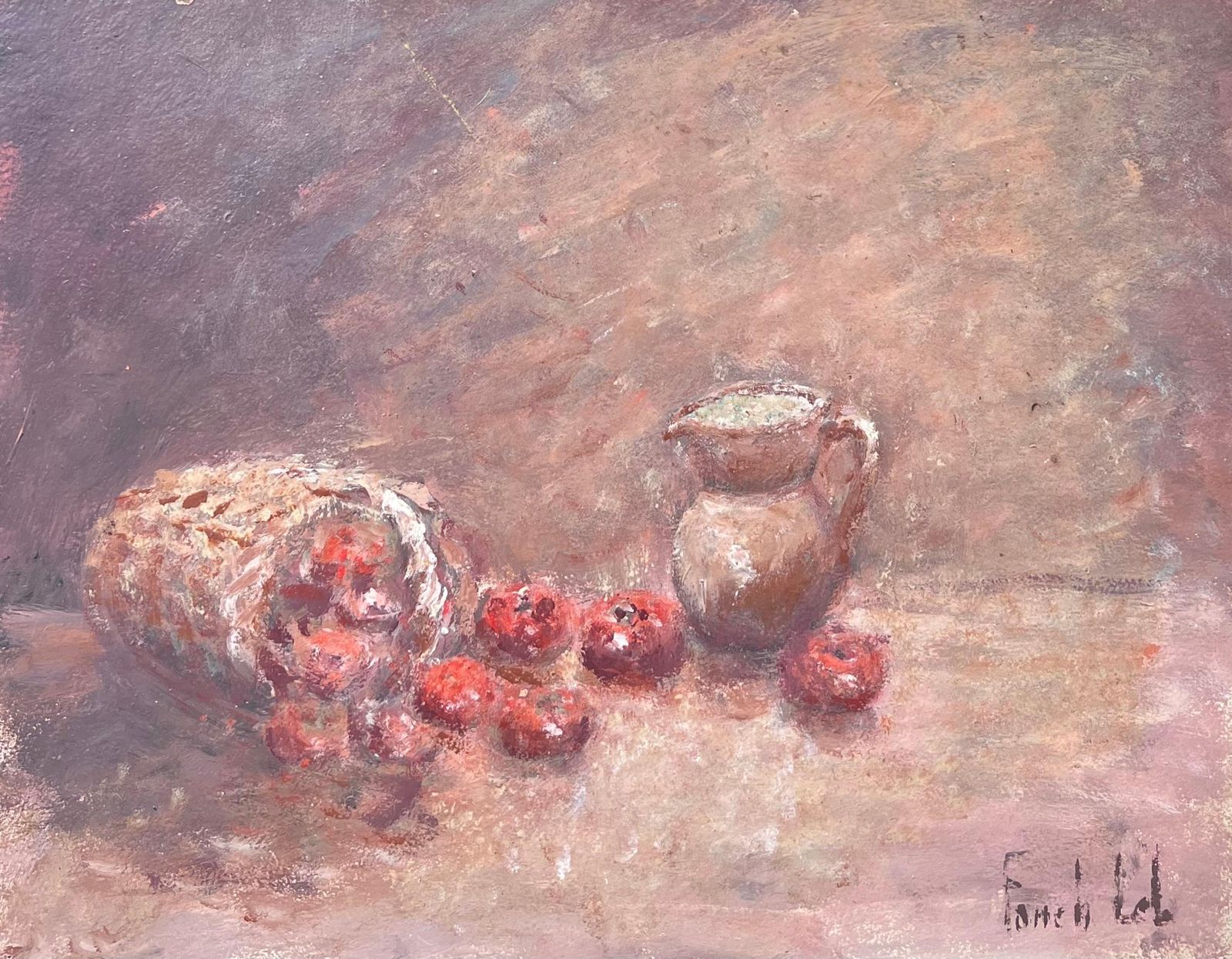 Fanch Lelstill Life Red Apples Spilling From Woven Basket  And Ceramic Jug Oil Painting1999