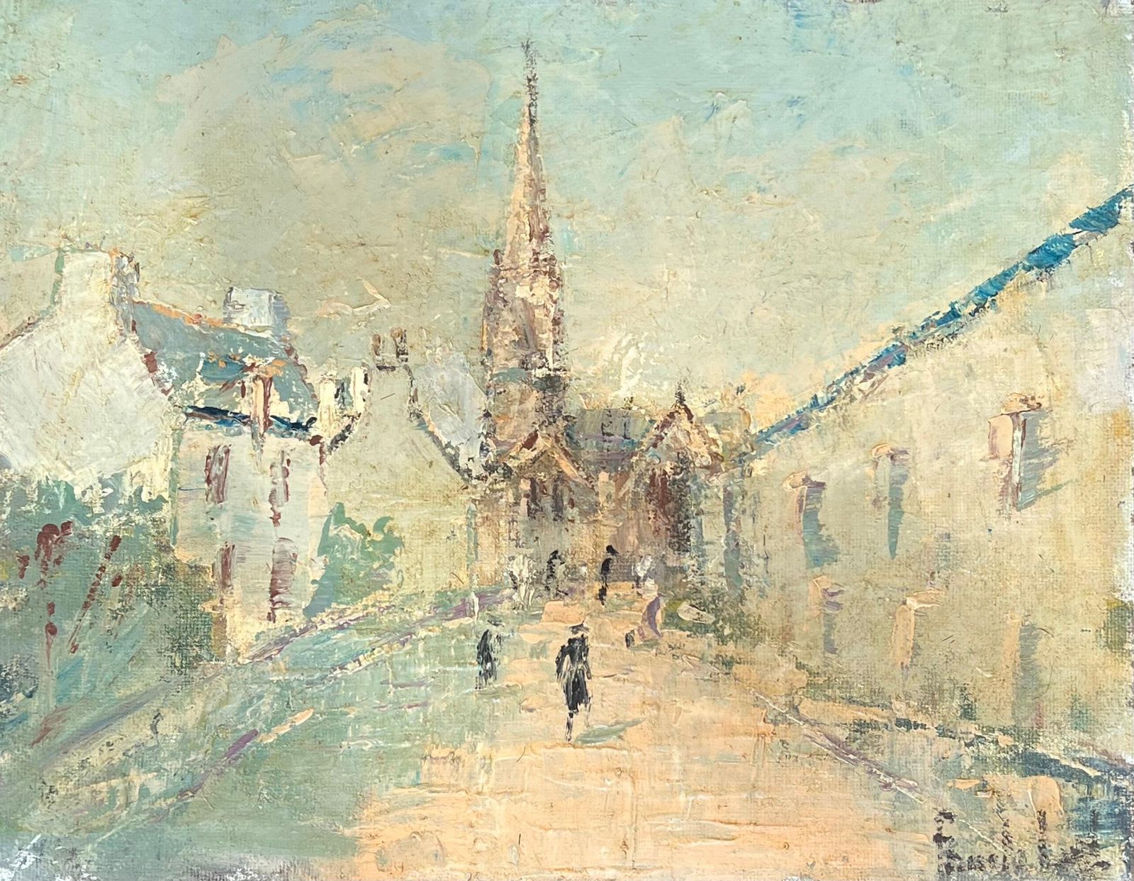 Fanch Lelfigures Walking Through The Village Path Towards The Church French Oil Painting