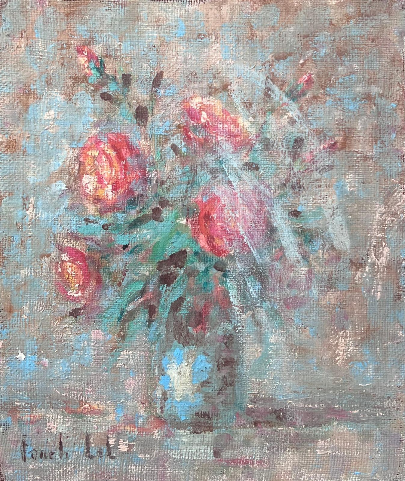 Fanch Lelimpressionist French Red Roses In Blue Vase Interior Oil Painting