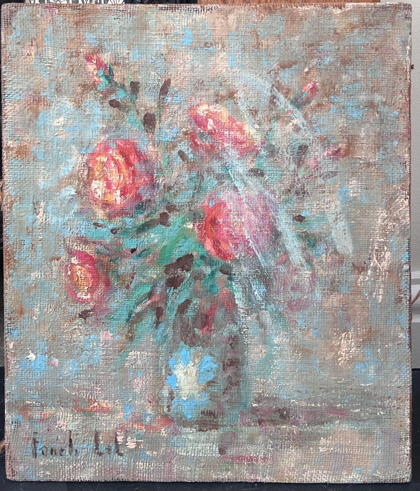 Fanch Lelimpressionist French Red Roses In Blue Vase Interior Oil Painting photo furniture