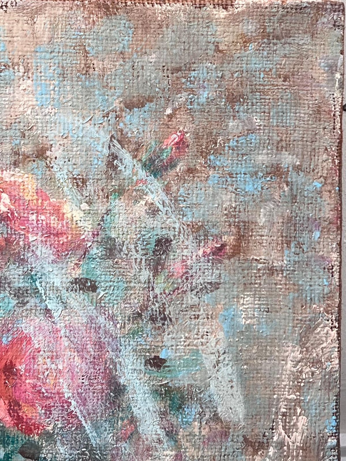 Fanch Lelimpressionist French Red Roses In Blue Vase Interior Oil Painting photo vinterior
