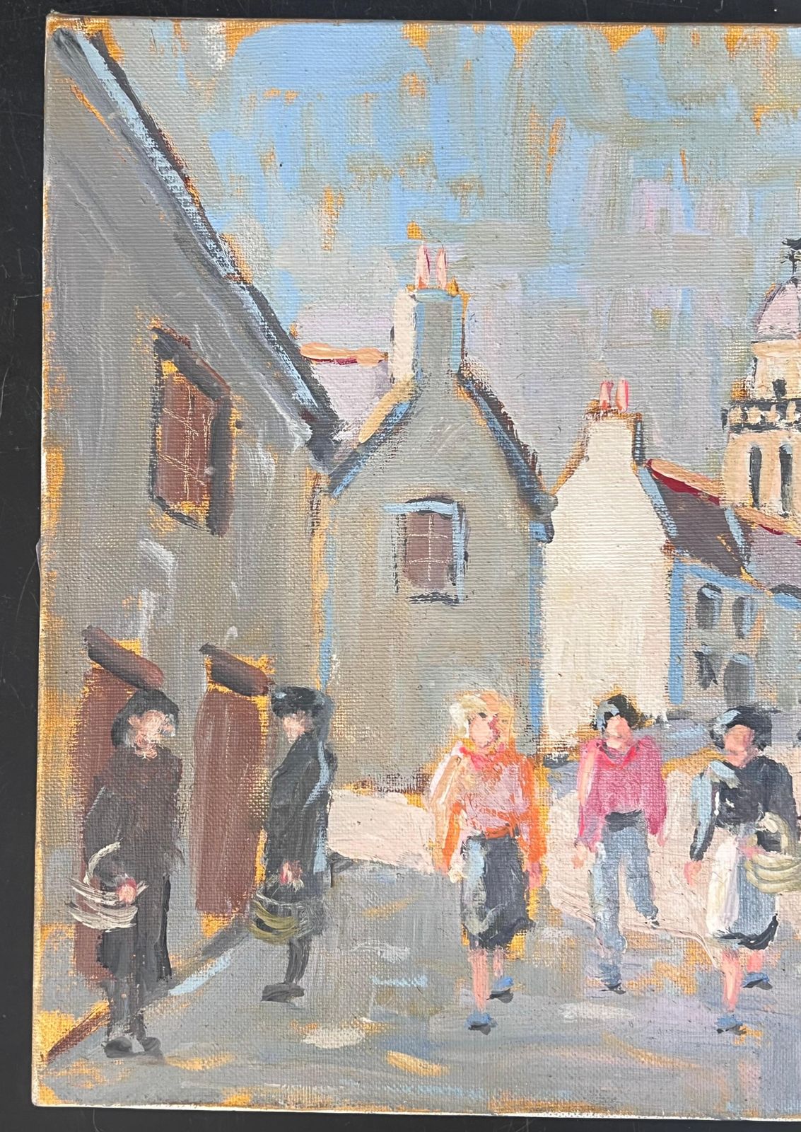 Fanch Lelfigures Walking Through A Bright Summer French Street French Oil Painting photo for sale