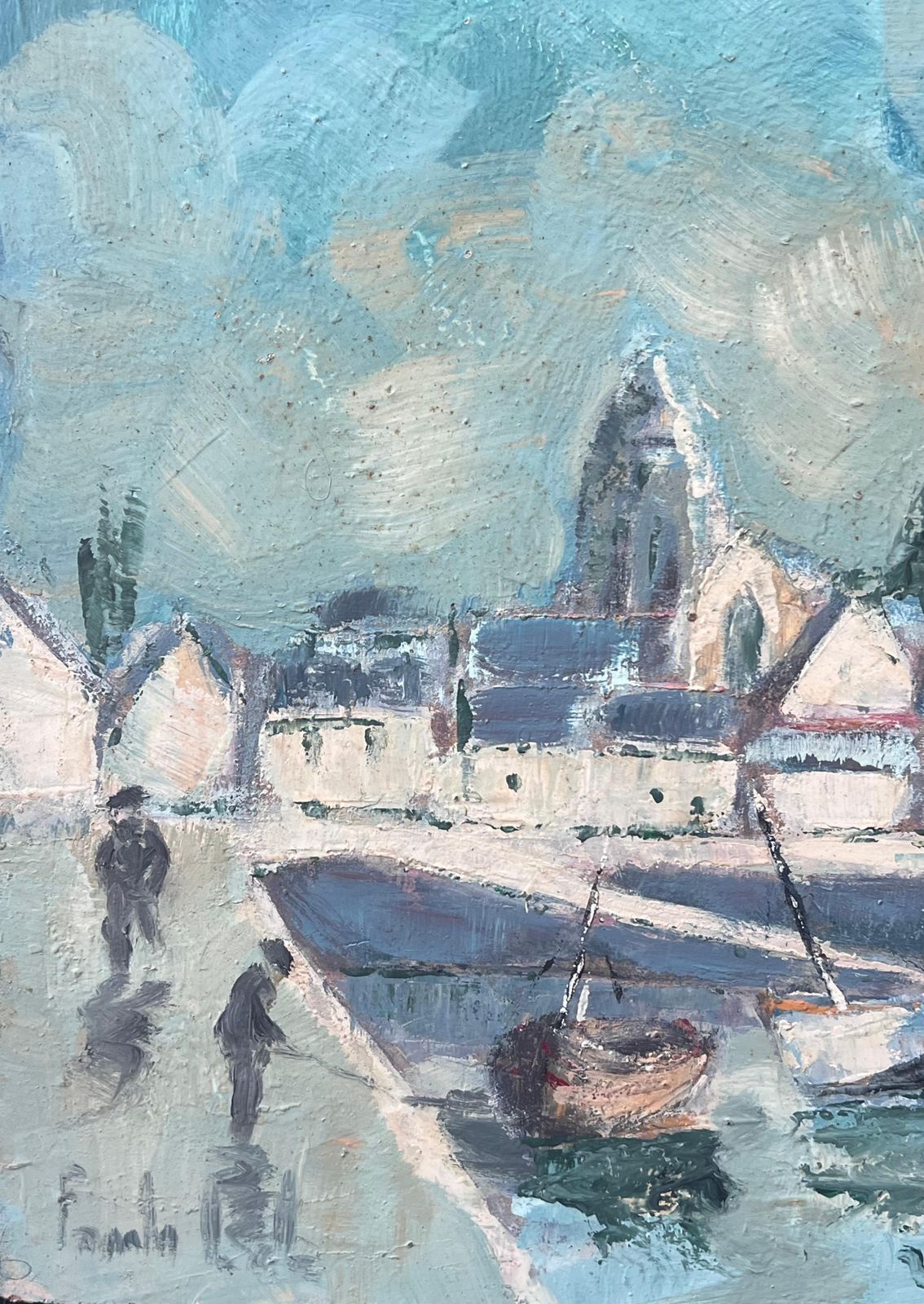 Fanch Lelturquoise Bright Blue & Sky French Town Harbour Oil Painting photo for sale