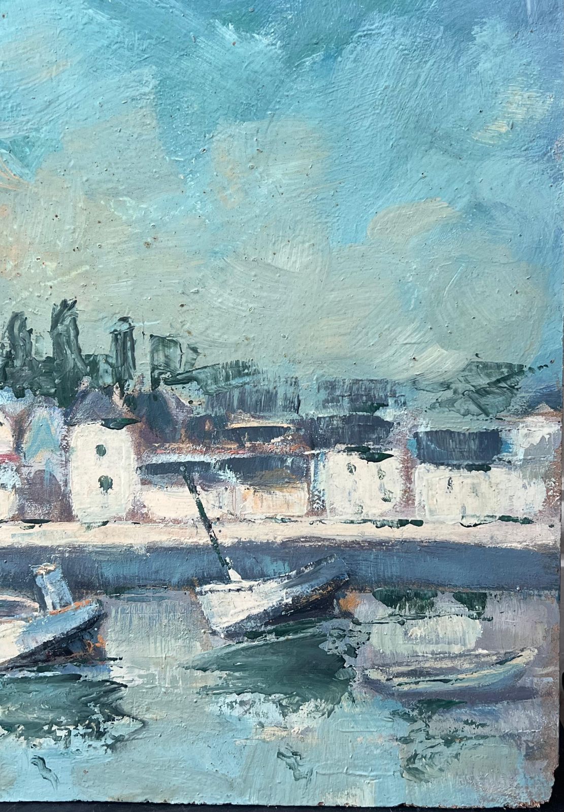 photo furniture Fanch Lelturquoise Bright Blue & Sky French Town Harbour Oil Painting