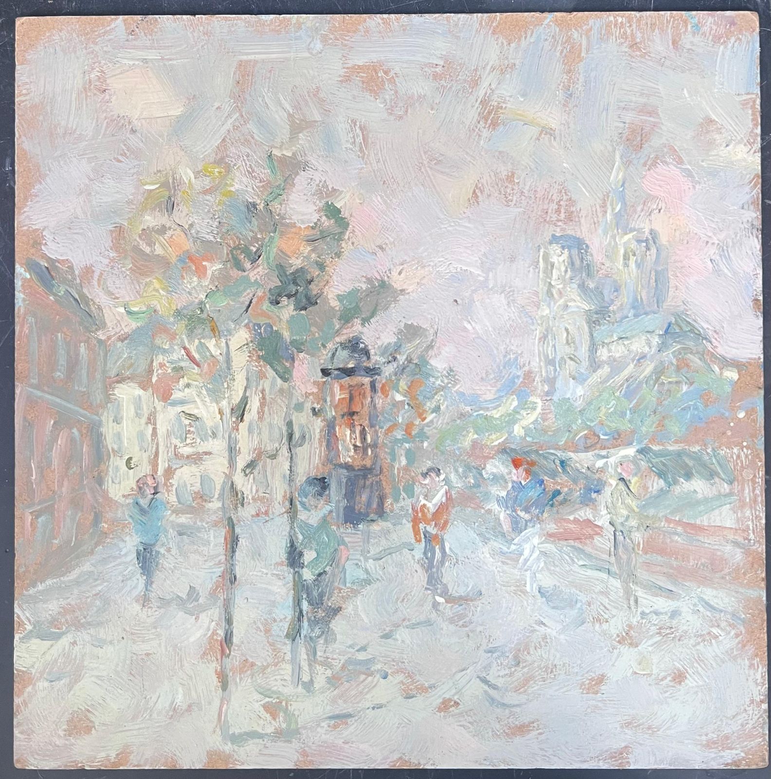 Fanch Lelfigures Walking Through A Pastel Colour Town French Oil Painting photo furniture