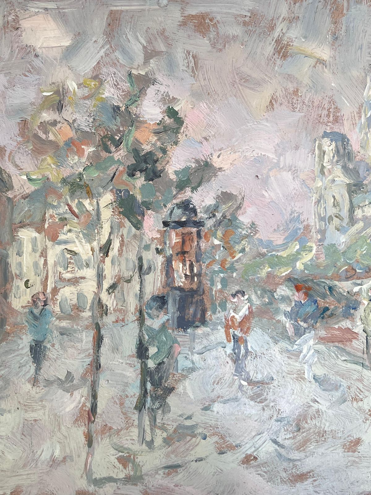 Fanch Lelfigures Walking Through A Pastel Colour Town French Oil Painting photo for sale