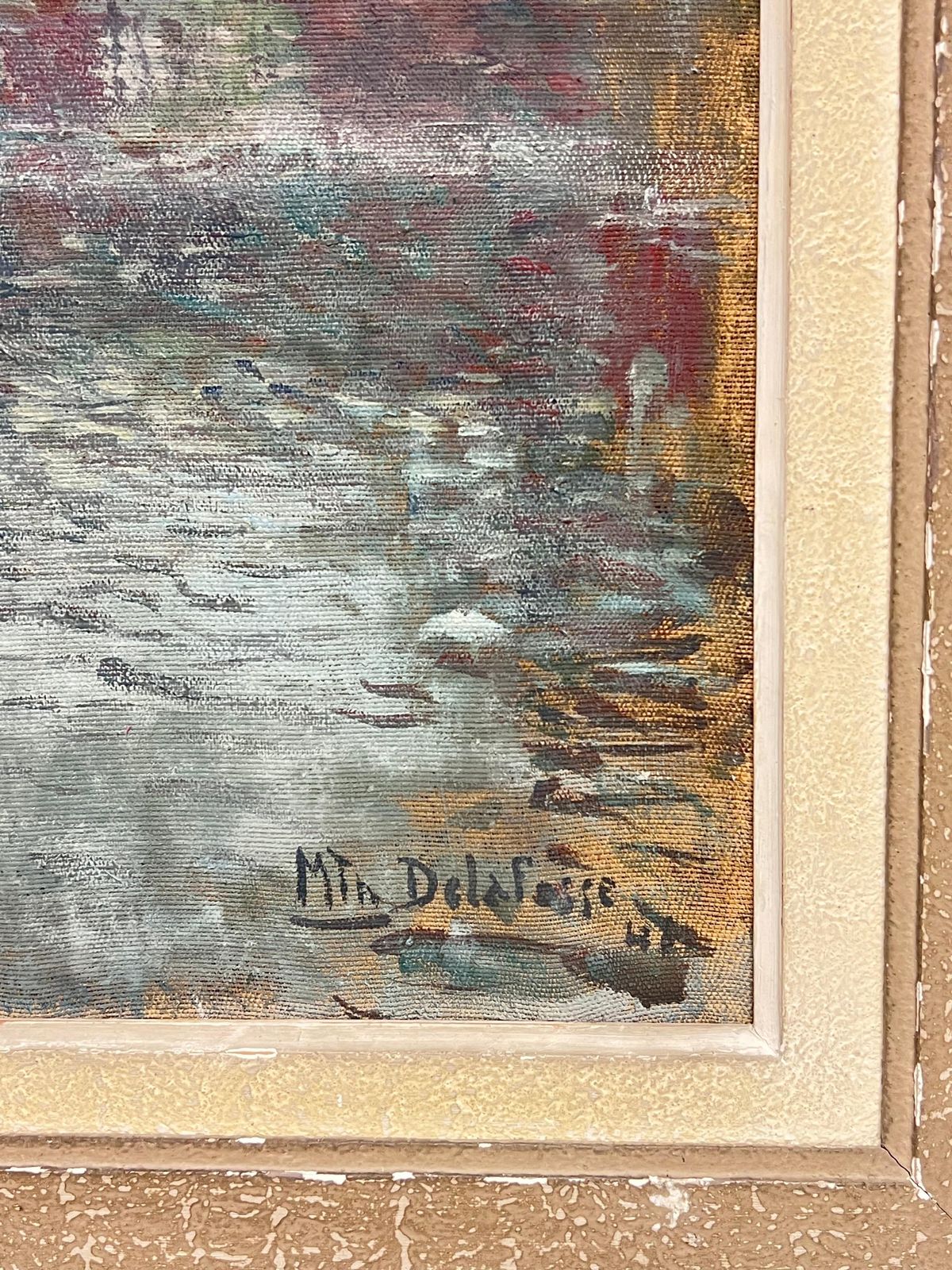 French School1940's French Impressionist Signed Oil Atmospheric Moody River Scene & Boats1940's photo vintage
