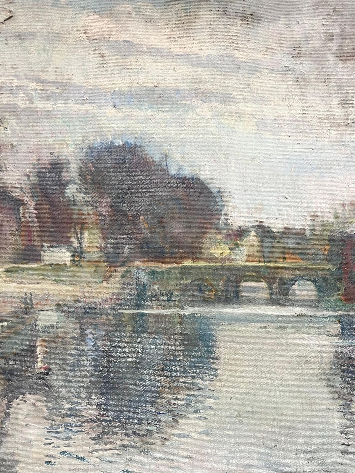 photo furniture French School1940's French Impressionist Signed Oil Atmospheric Moody River Scene & Boats1940's