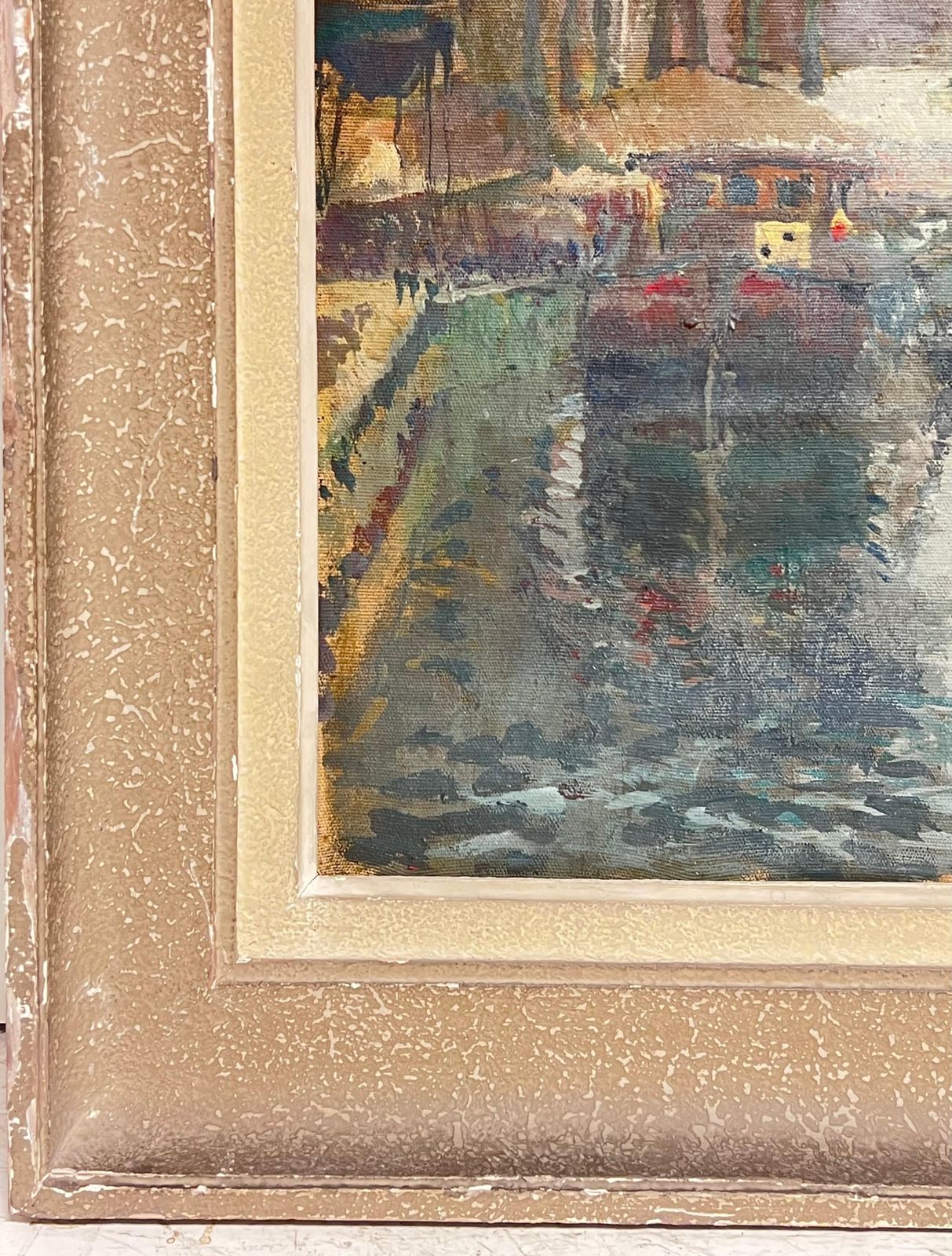 photo for sale French School1940's French Impressionist Signed Oil Atmospheric Moody River Scene & Boats1940's
