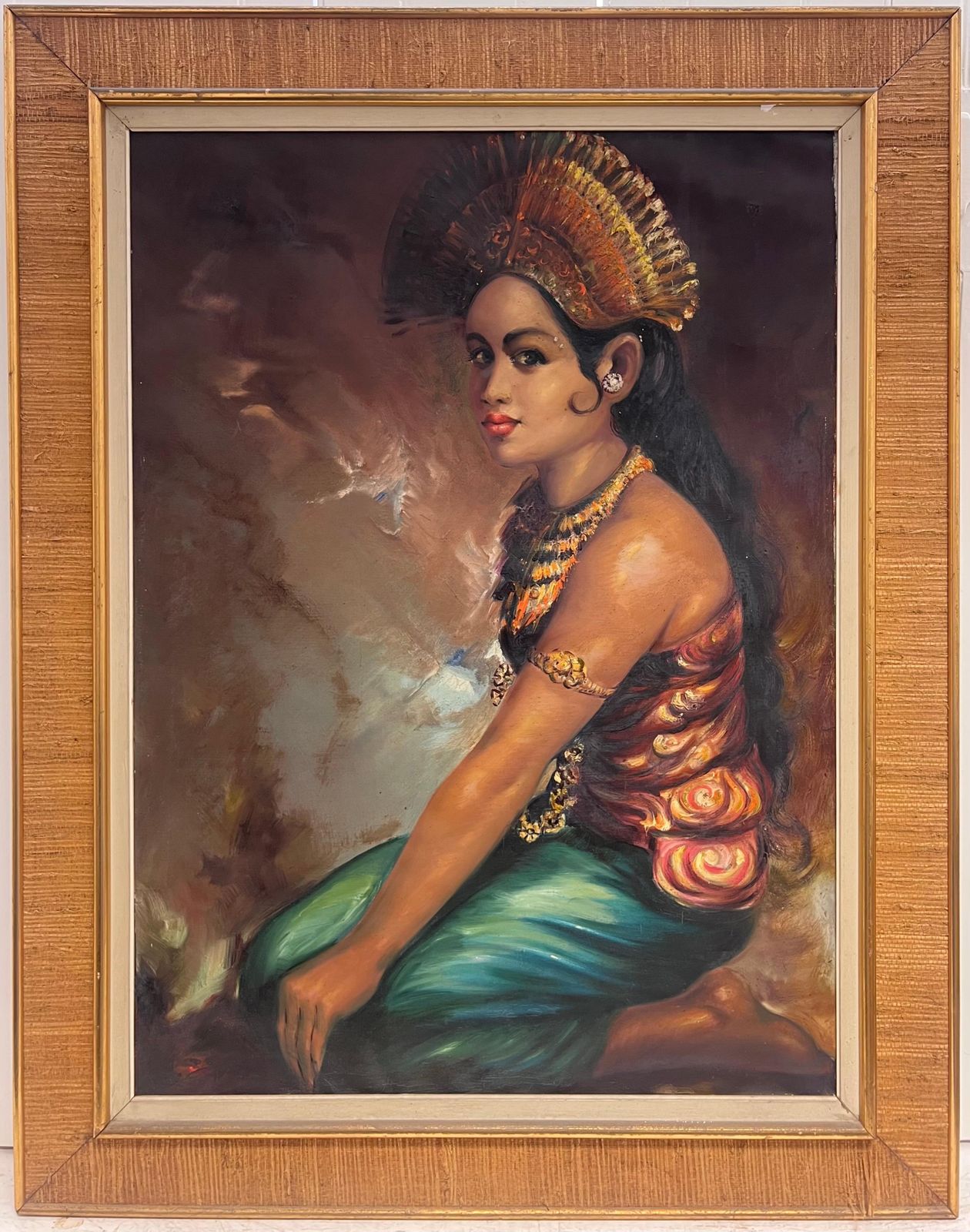 South East Asianlarge 1960's Oil Portrait Of Bali South Eastern Asia Lady In Traditional Attire