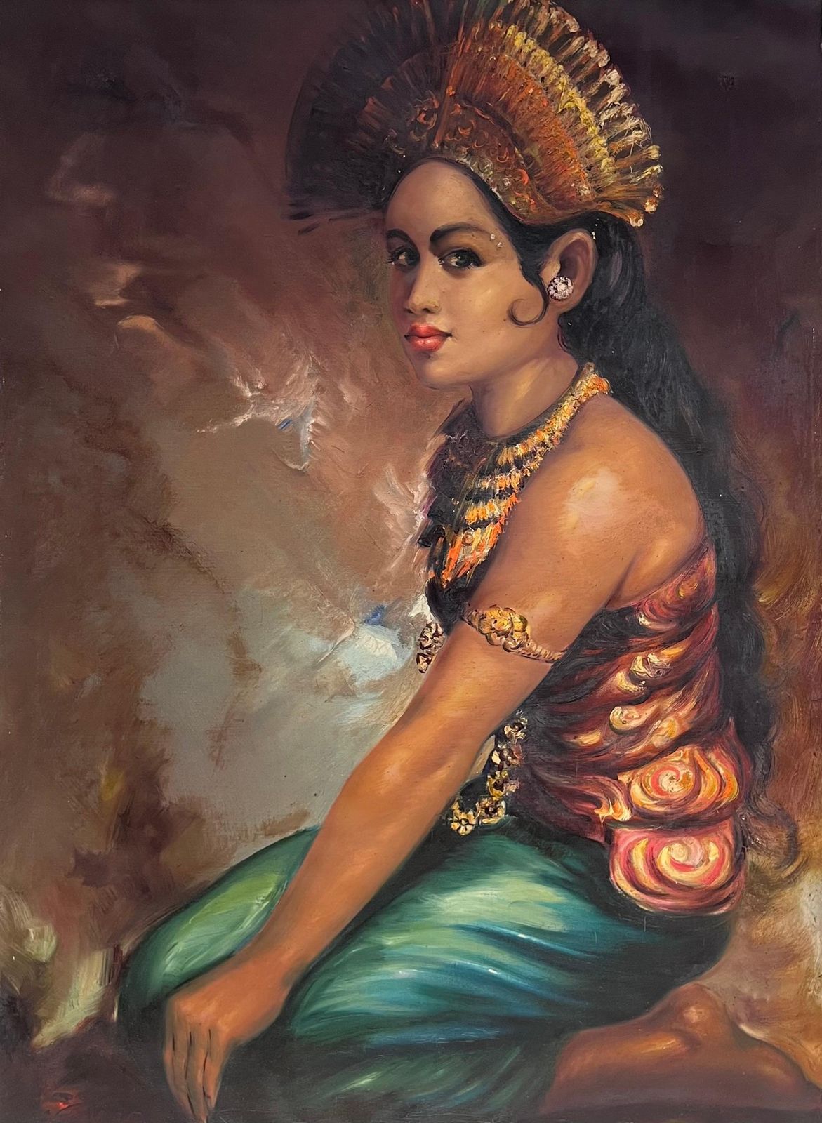 South East Asianlarge 1960's Oil Portrait Of Bali South Eastern Asia Lady In Traditional Attire photo furniture