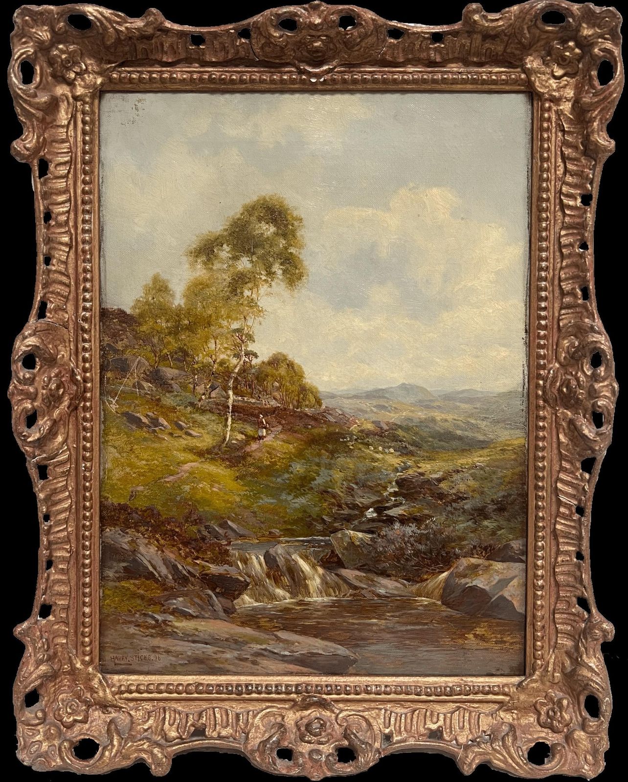 Harry Sticksfine Victorian British Oil Painting 1896 Figure Walking Highland River Pathway1896