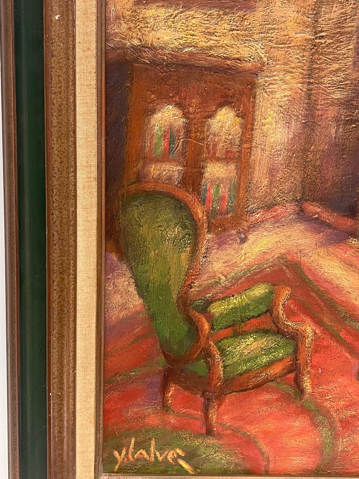 French School1970's French Modernist Signed Oil Woman In Parlor Interior Cleaning Furniture1976 photo for sale