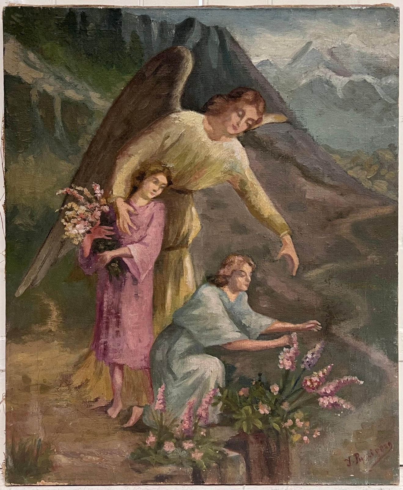 French Schoolantique French Signed Oil Painting Angel With Two Children Picking Flowers photo furniture