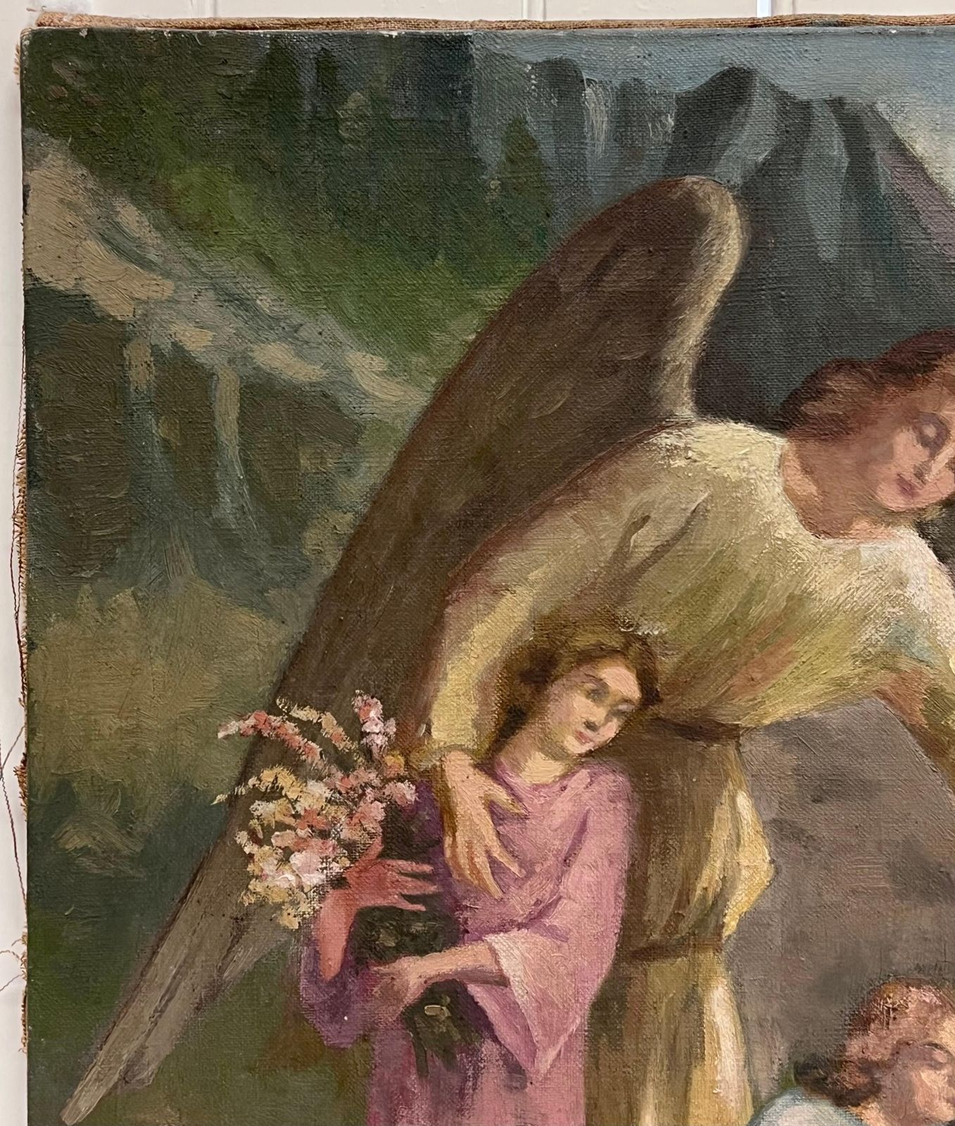 French Schoolantique French Signed Oil Painting Angel With Two Children Picking Flowers photo 856.0