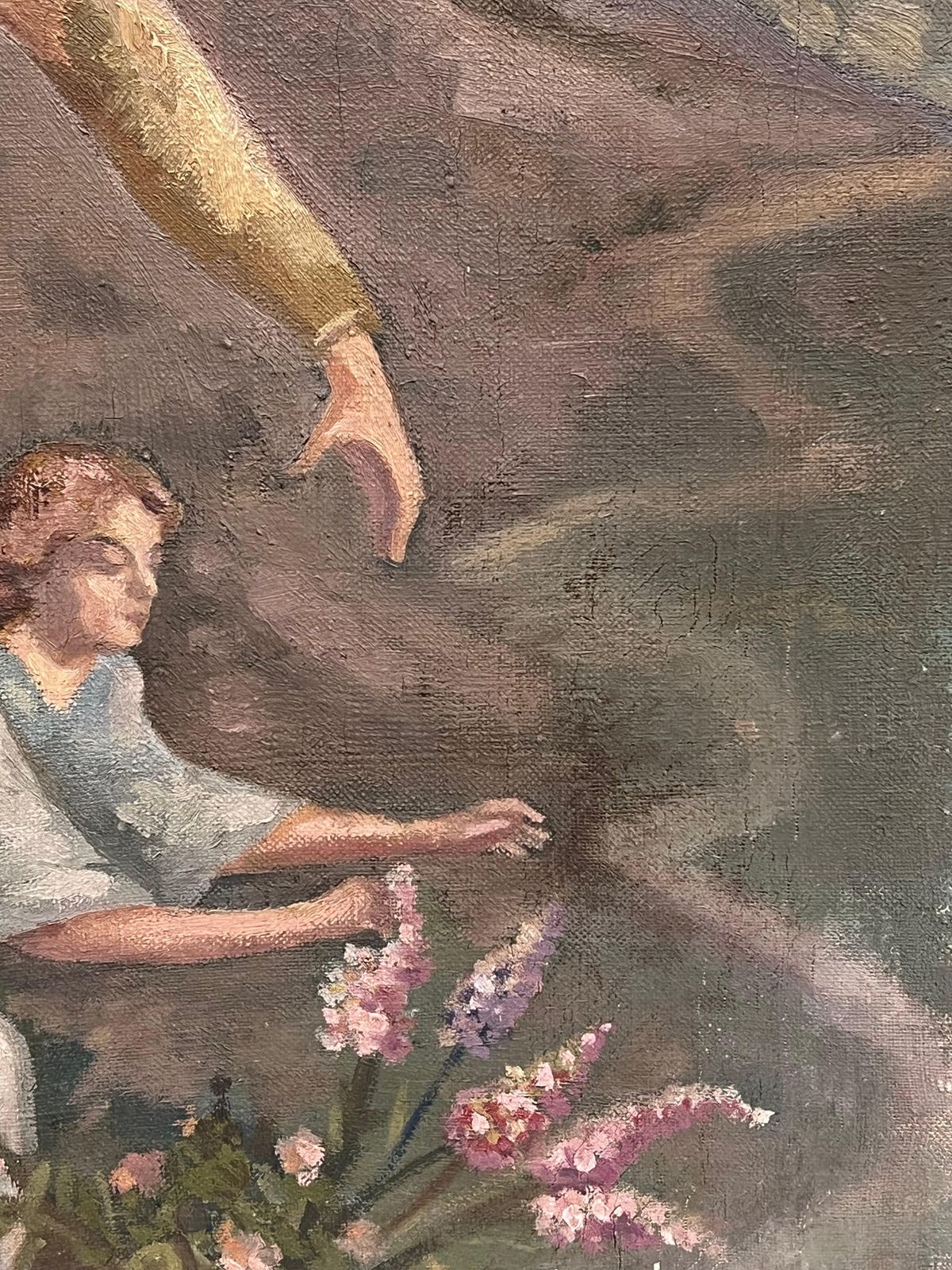 French Schoolantique French Signed Oil Painting Angel With Two Children Picking Flowers photo buy