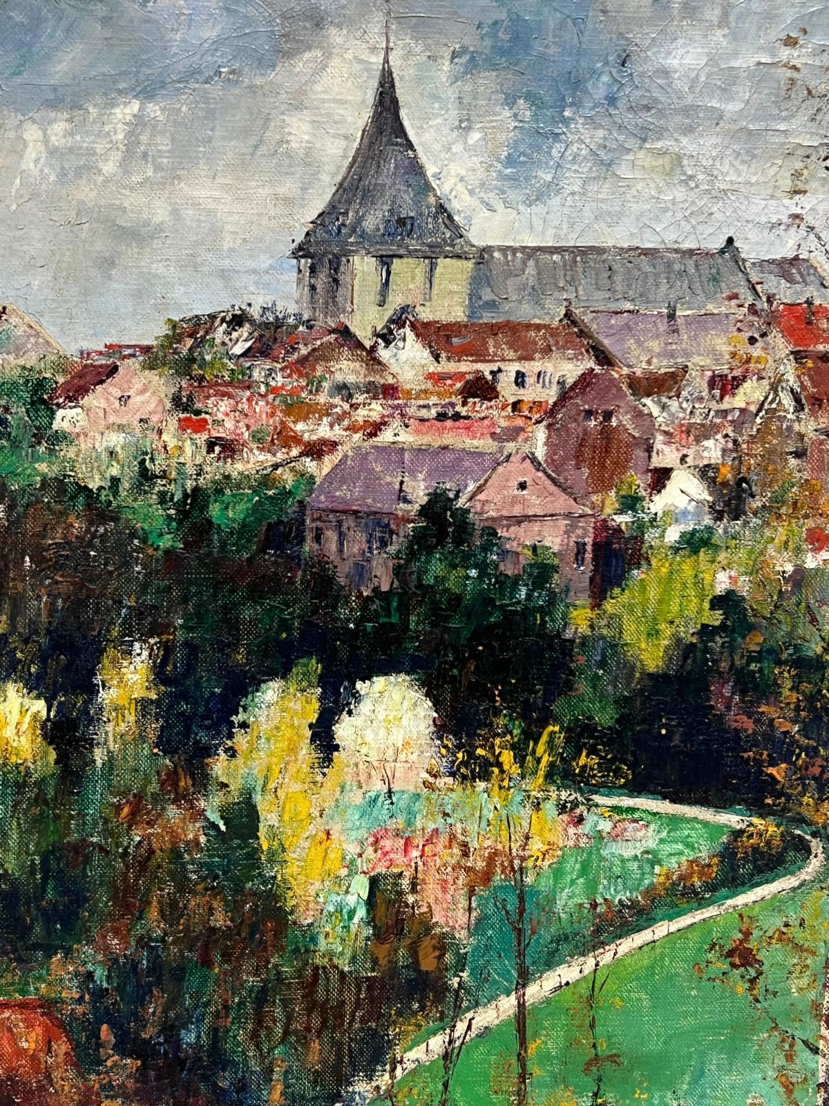 French Schoolvintage Mid 20th Century French Signed Oil View Over Town Roof Tops photo for sale