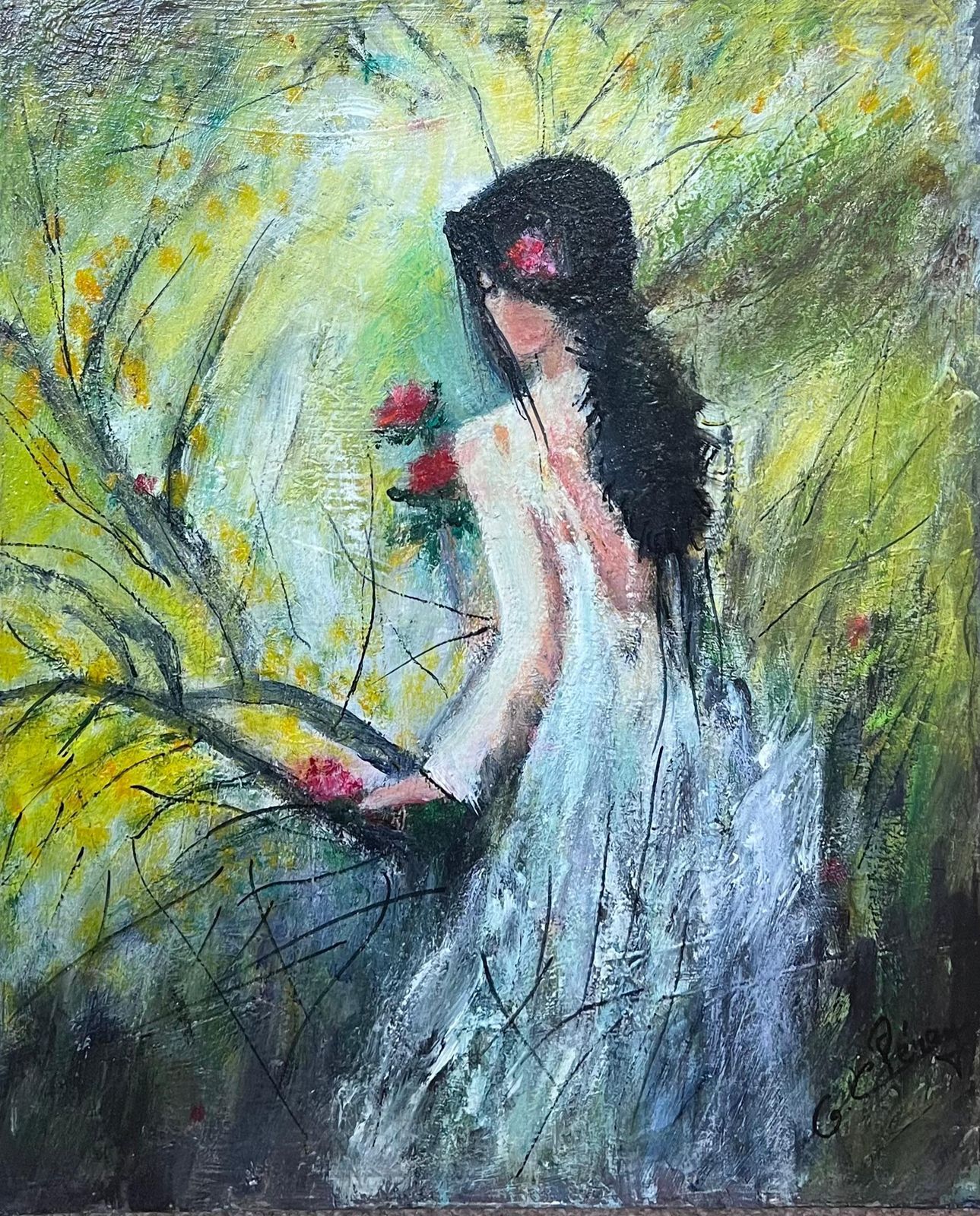 French Schoollarge 20th Century French Signed Oil Painting Young Girl Picking Flowers Garden