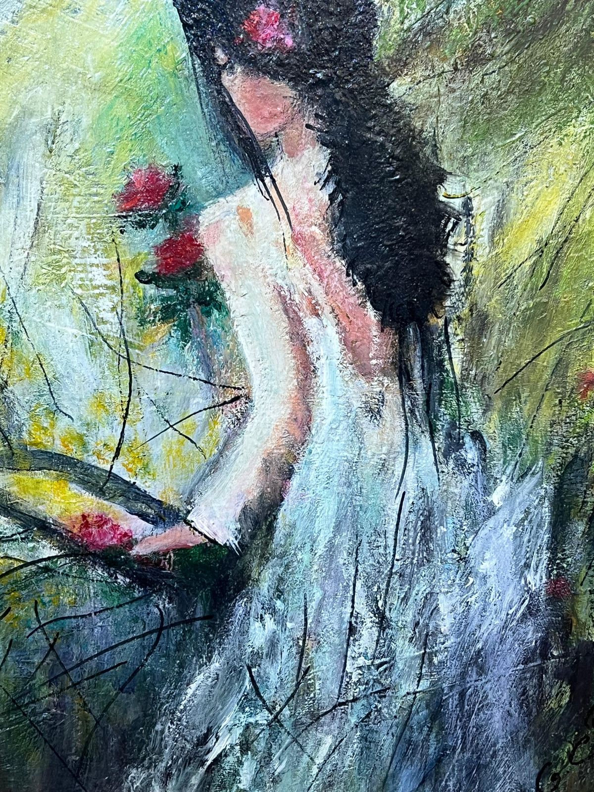 French Schoollarge 20th Century French Signed Oil Painting Young Girl Picking Flowers Garden photo for sale
