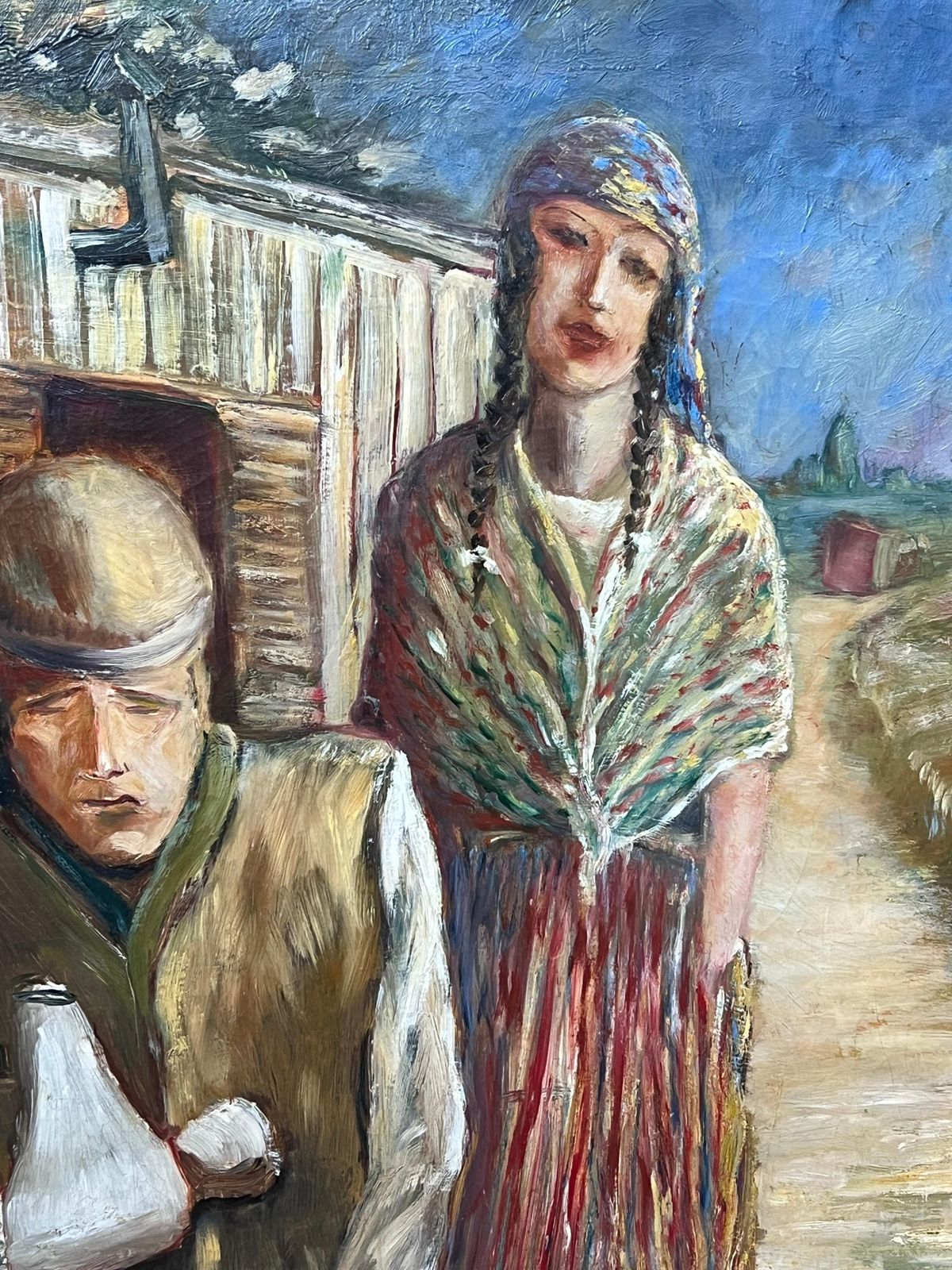 Early 20th Century Irish Schoolportrait Of Travellers Outside Caravan Antique Irish Signed Oil Painting1918 photo for sale