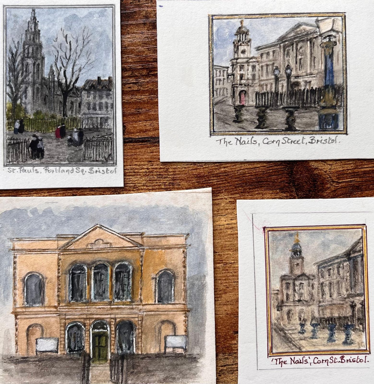 Jack Grunwellset Of Four Miniature Watercolors Of Corn Street And Churches In Bristol