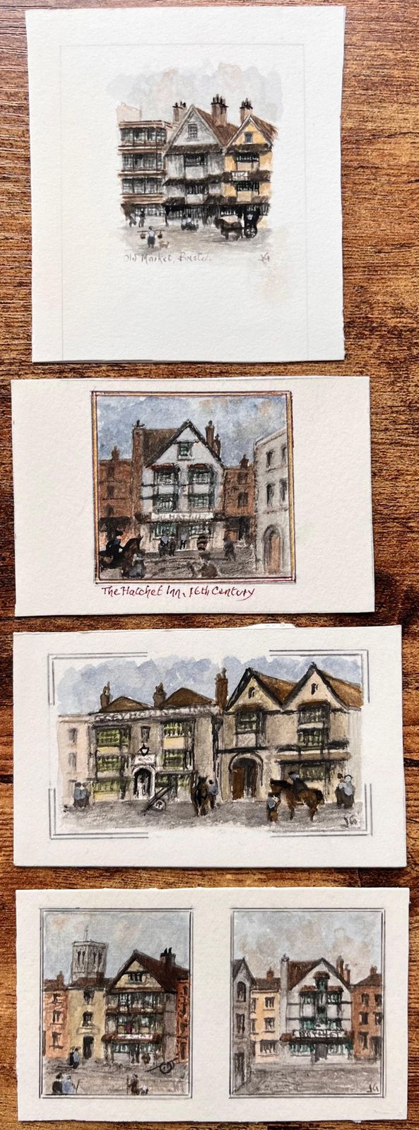 Jack Grunwellset Of Five Miniature Watercolors Of Historic Timber Framed Inns In Bristol photo furniture