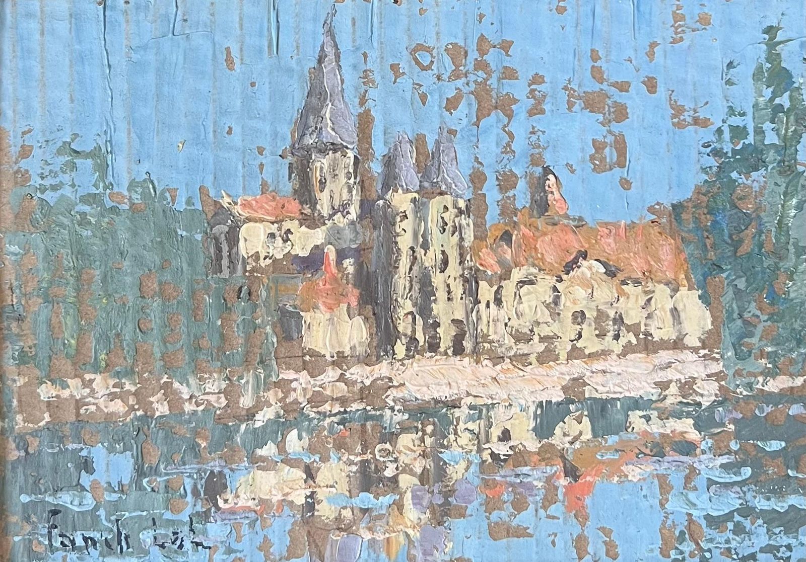 Fanch Lelriver Building Water Reflection French Oil Landscape Painting photo for sale