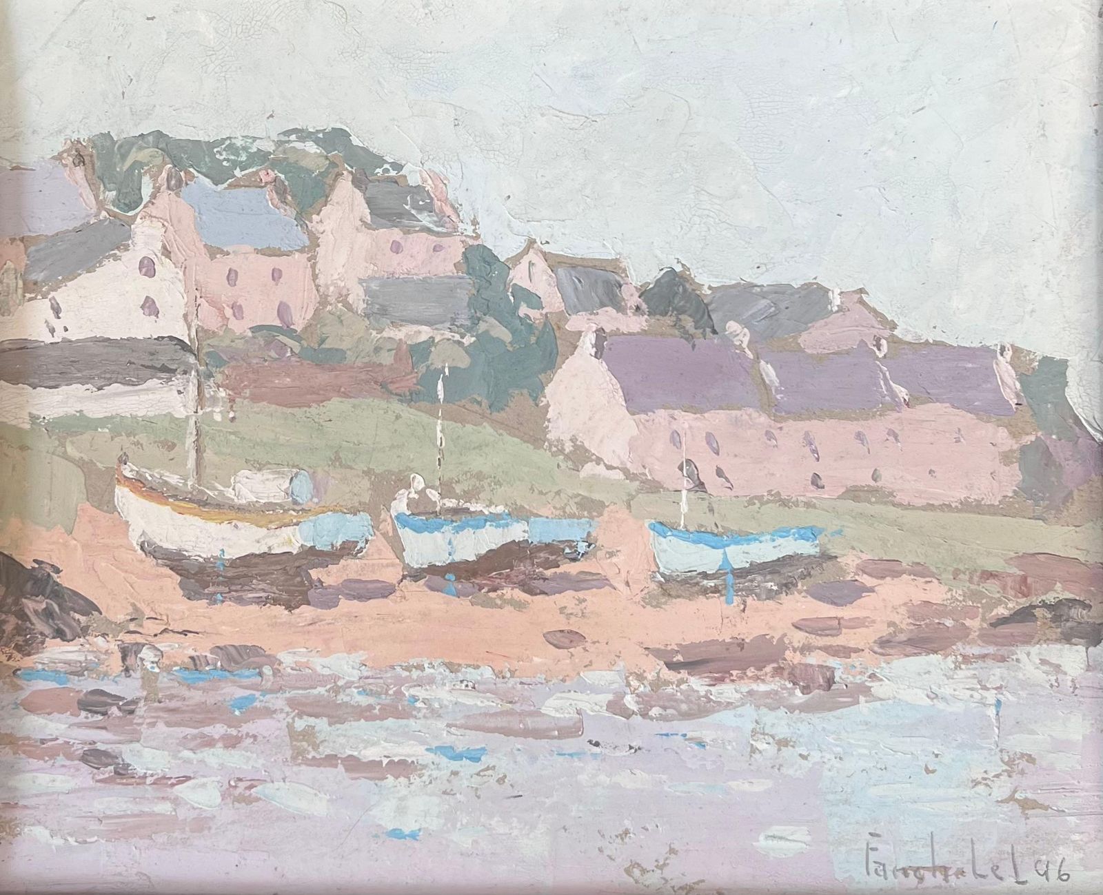 Fanch Lelpastel Sailing Boats Docked In The Town Shore French Oil Landscape Painting1996 photo Art