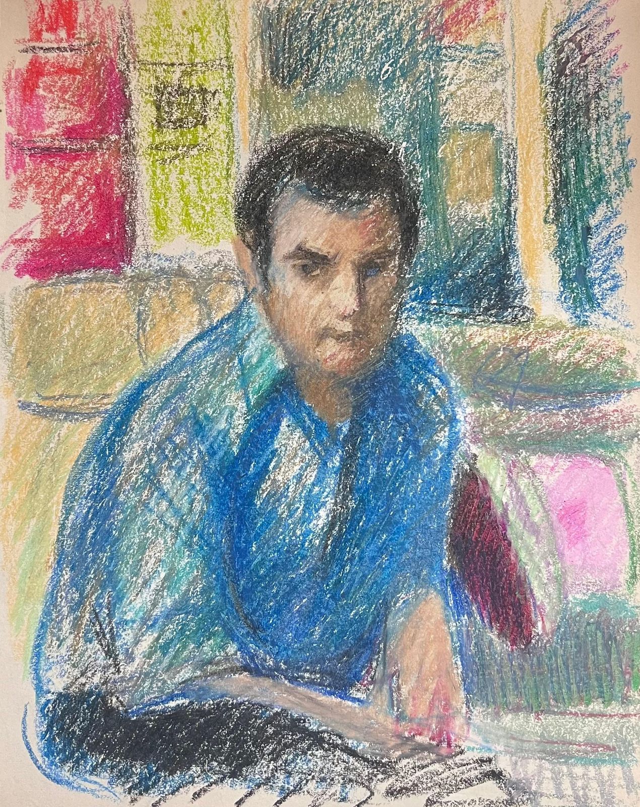 Akos Biro20th Century French Expressionist Portrait Of Man In Bright Blue Pastel Shirt