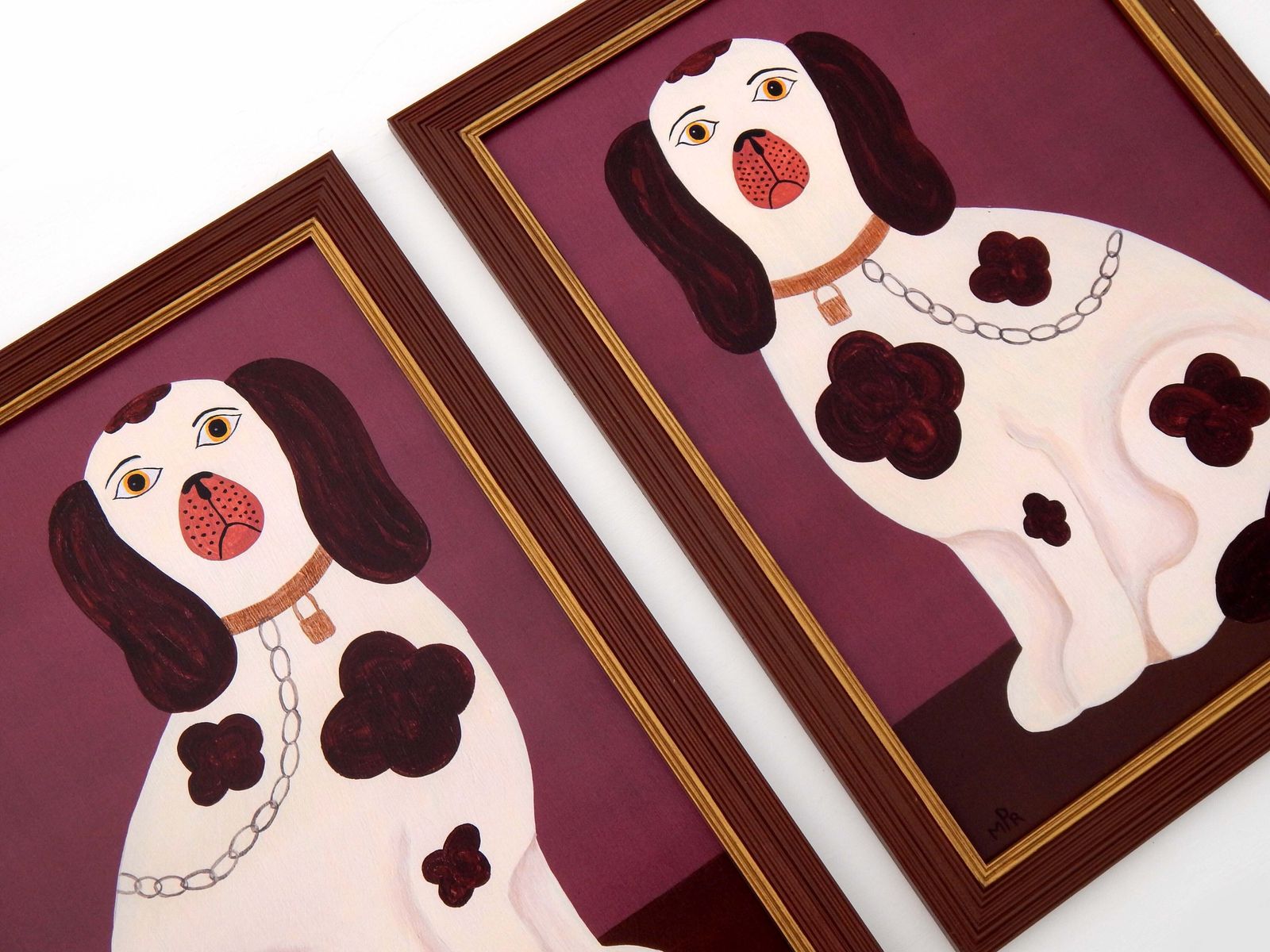 Naive Staffordshire Dog Fine Art Print, Folk Art – Right Facing Spaniel On Mantle   Dusky Pink   By Matt Rix In Hand Painted Frame, Signed photo vinterior