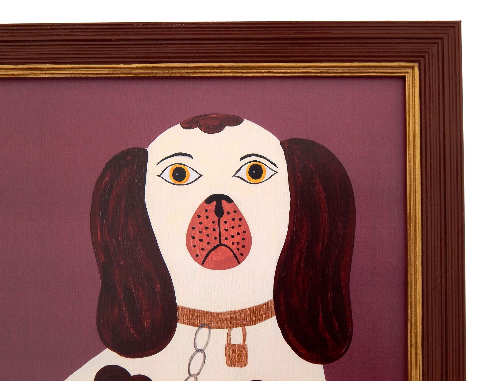 Naive Staffordshire Dog Fine Art Print, Folk Art – Right Facing Spaniel On Mantle   Dusky Pink   By Matt Rix In Hand Painted Frame, Signed photo vintage