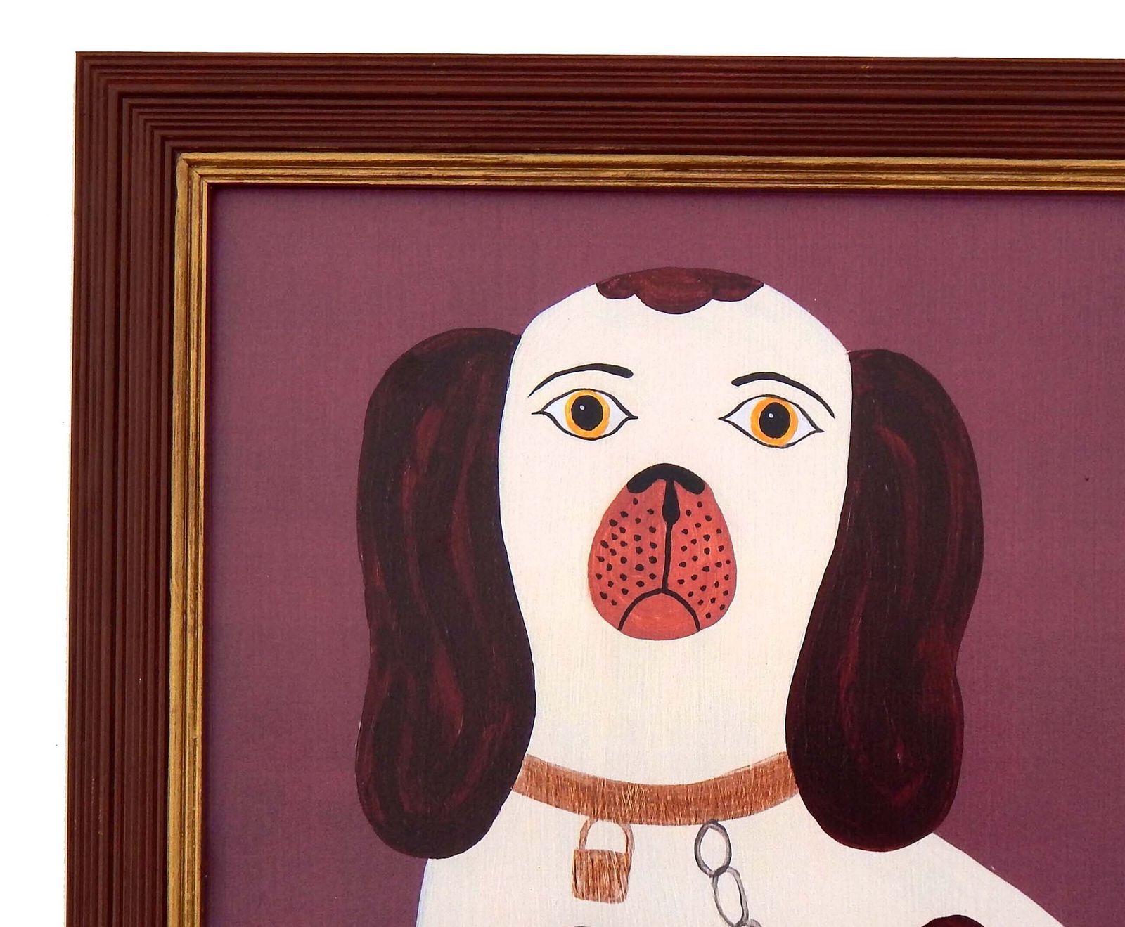 Naive Staffordshire Dog Fine Art Print, Folk Art – Left Facing Spaniel On Mantle   Dusky Pink   By Matt Rix In Hand Painted Frame, Signed photo furniture