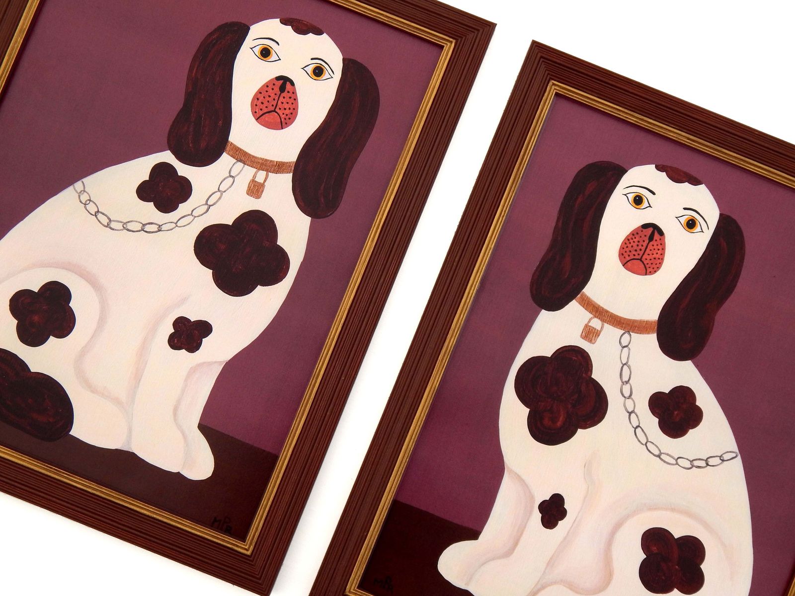 photo for sale Naive Staffordshire Dog Fine Art Print, Folk Art – Left Facing Spaniel On Mantle   Dusky Pink   By Matt Rix In Hand Painted Frame, Signed