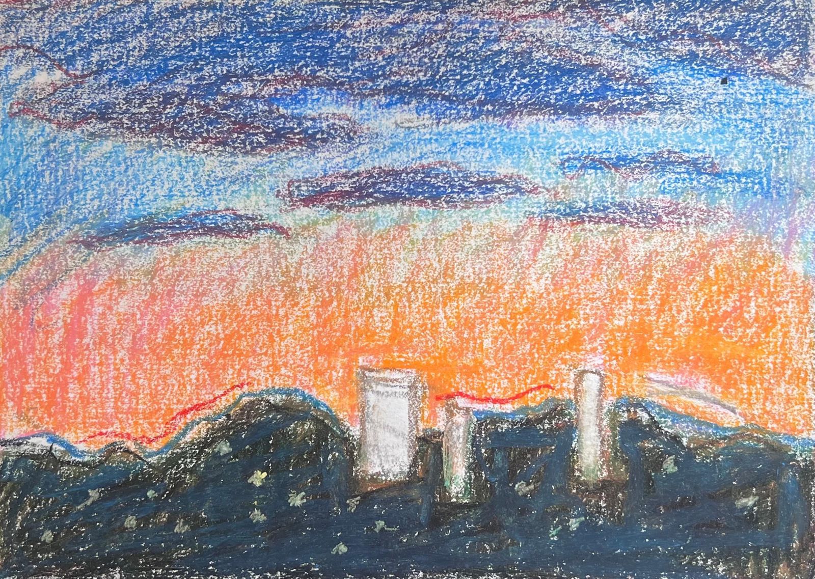 Akos Biro20th Century French Expressionist Tall Power Buildings In Orange Sky Landscape