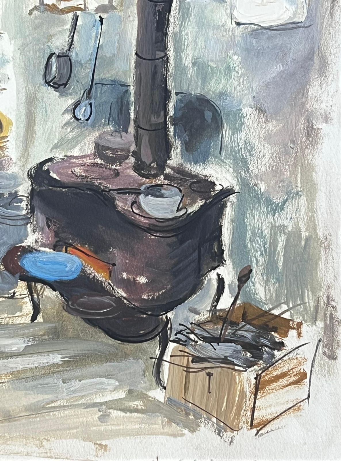French Schoolmid Century French Oil Kitchen Interior Cooker Woodburn Fire Stove Pots & Pans photo Art