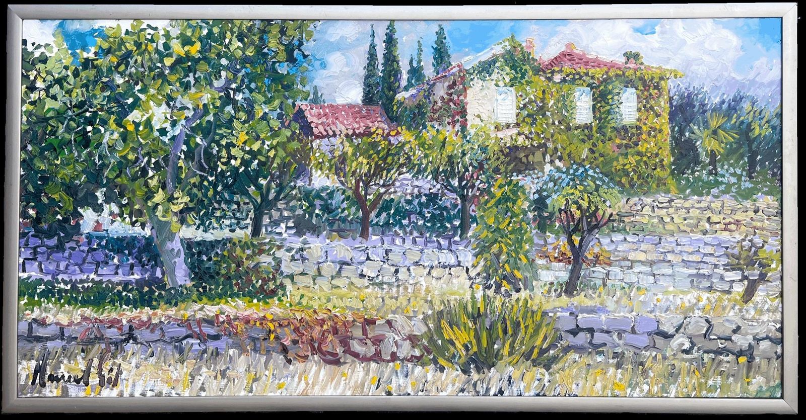 French Schoolhuge French Signed Oil Painting Provencal House In Floral Garden Large Canvas
