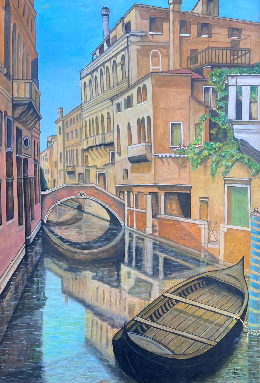 Italian Schoolhuge Signed Oil Painting Tranquil Italian Canal Venice Backwater Old Houses2000 photo furniture
