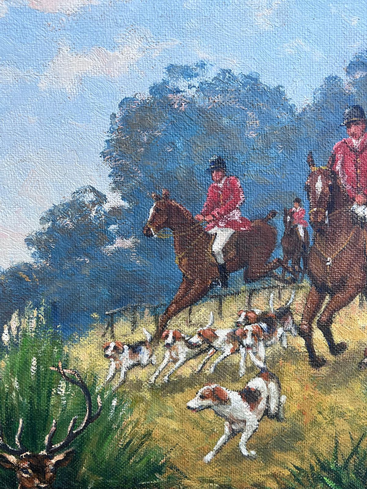 photo for sale French Schoolhuge French Hunting Scene Horse & Hounds Chasing Stag Through River Signed Oil