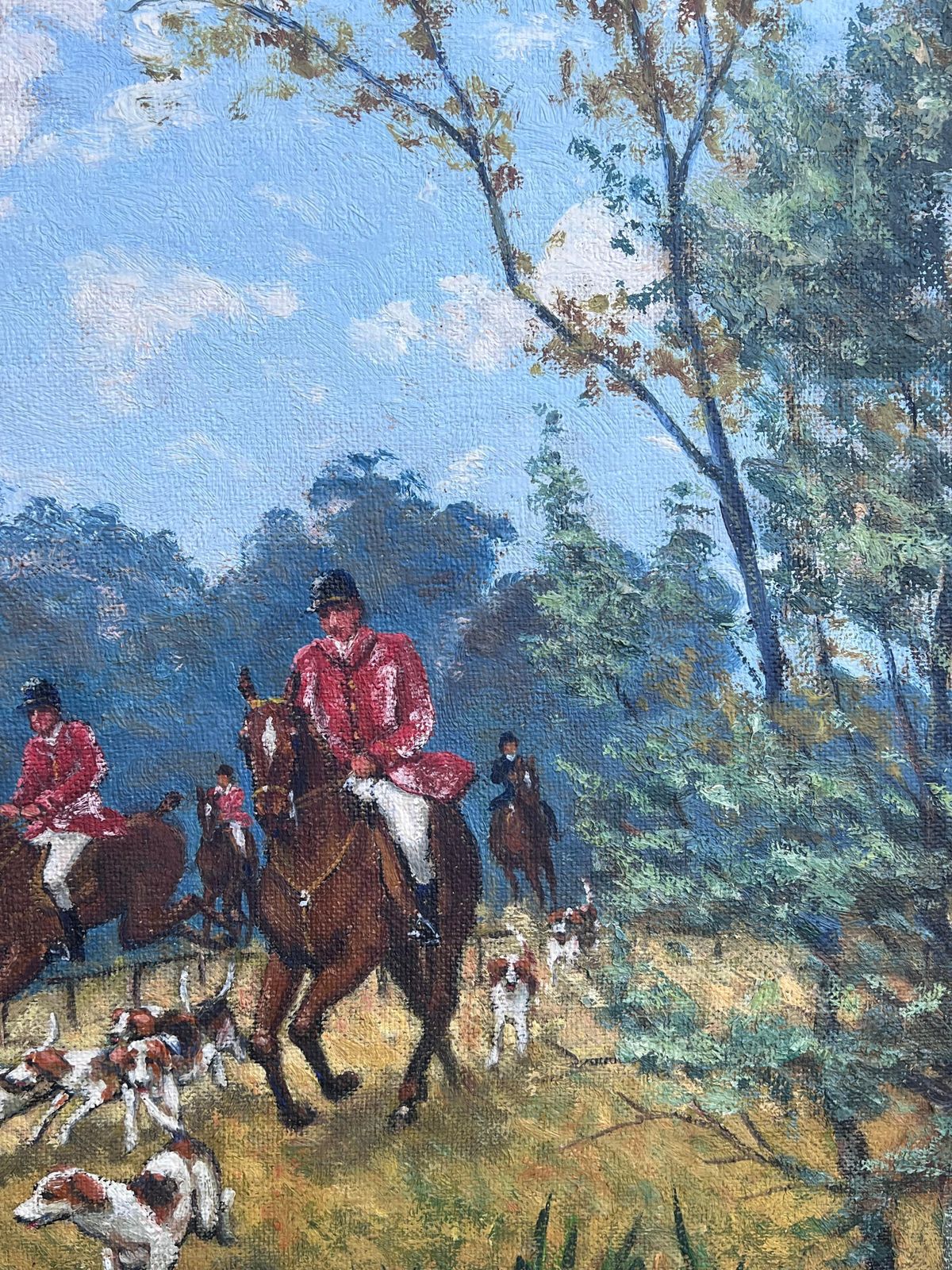 photo vinterior French Schoolhuge French Hunting Scene Horse & Hounds Chasing Stag Through River Signed Oil