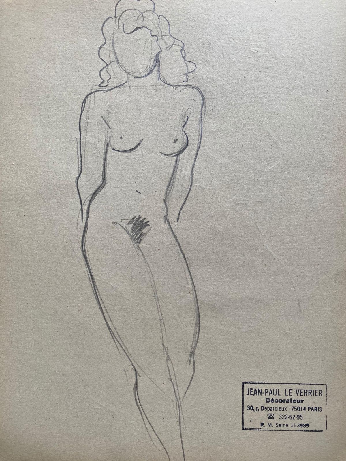 Jean Paul Le Verriermid 20th Century French Original Line Drawing Sketch Nude Female  Stamped