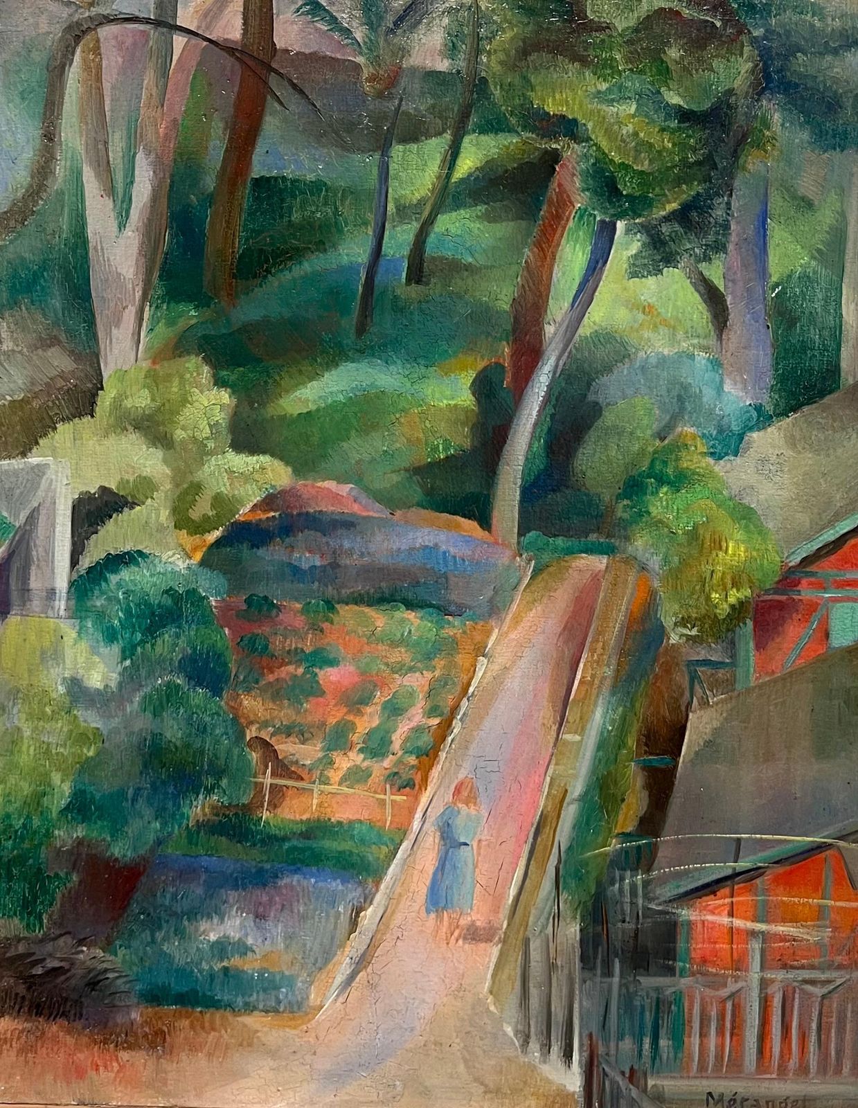 Ecole De Paris1930's Ecole De Paris Oil Painting Lady Walking In Garden Fauvist Influence